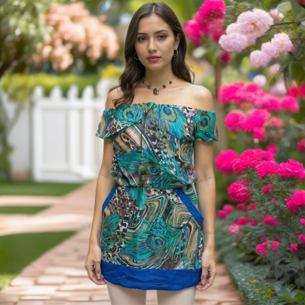 Ali & Kris Strapless Blue and Green Peacock Dress